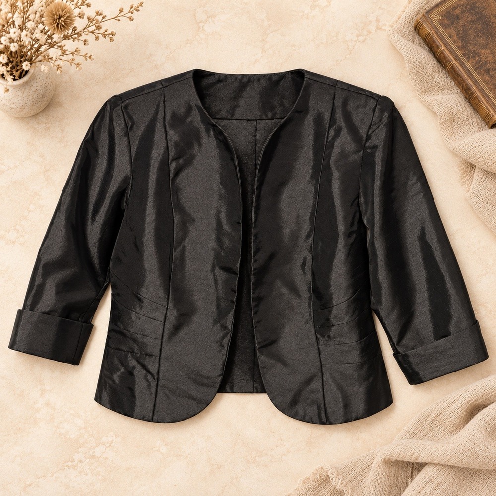 Dana Kay Women's Size 14 Black Shimmer Open Front 3/4 Sleeve Blazer Jacket